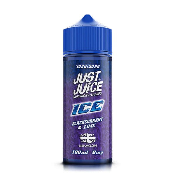 Just Juice Ice E-Liquid blackcurrant & lime 100ml shortfill bottle on a white background - UK vape sales