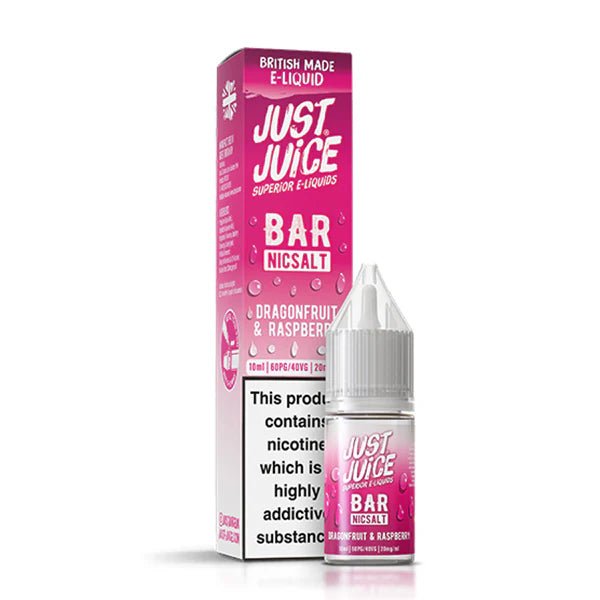 Just Juice bar salts dragonfruit & raspberry 10ml nic salt bottle with packaging on white background - uk vape sales