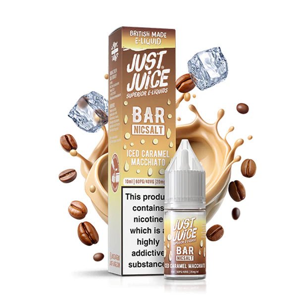 Just Juice bar salts iced caramel macchiato 10ml nic salt bottle with packaging on white background - uk vape sales