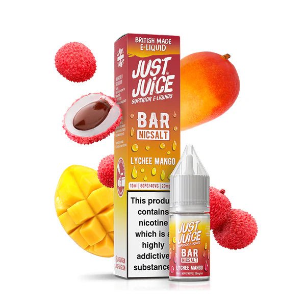 Just Juice bar salts lychee mango 10ml nic salt bottle with packaging on white background - uk vape sales