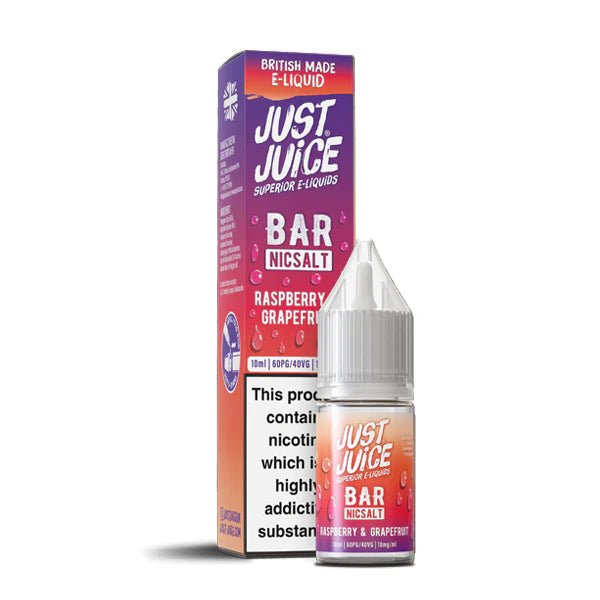 Just Juice bar salts raspberry grapefruit 10ml nic salt bottle with packaging on white background - uk vape sales
