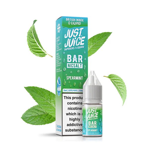 Just Juice bar salts spearmint 10ml nic salt bottle with packaging on white background - uk vape sales