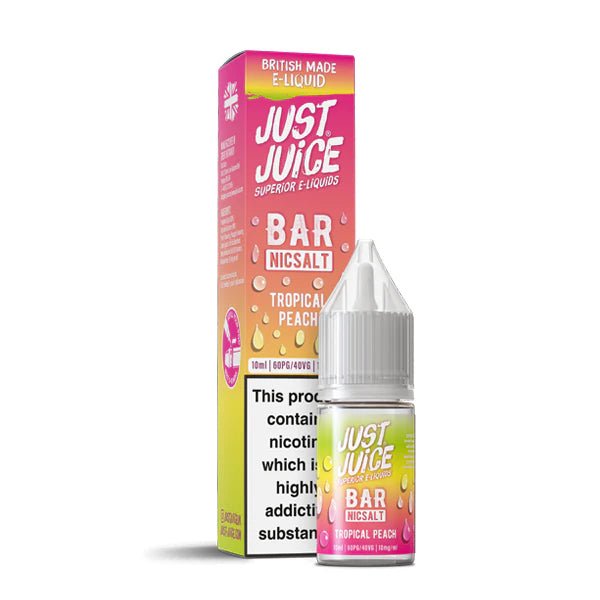Just Juice bar salts tropical peach 10ml nic salt bottle with packaging on white background - uk vape sales