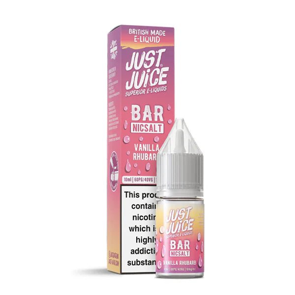 Just Juice bar salts vanilla rhubarb 10ml nic salt bottle with packaging on white background - uk vape sales