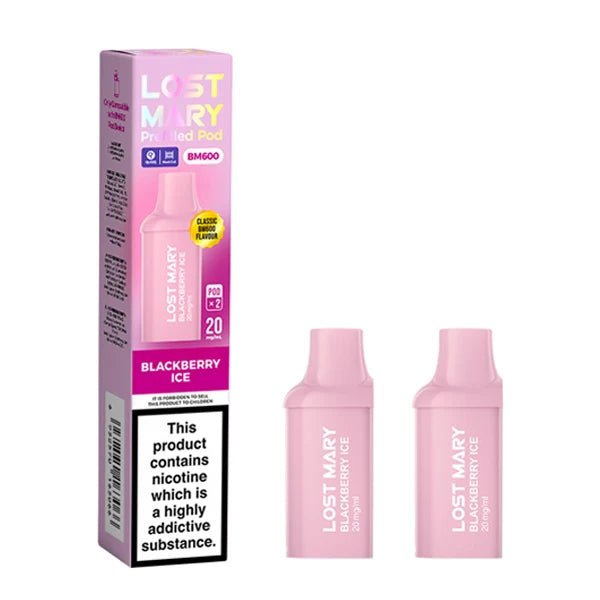 Lost Mary BM600 Prefilled Pods blackberry ice pods with packaging on a white background - uk vape sales
