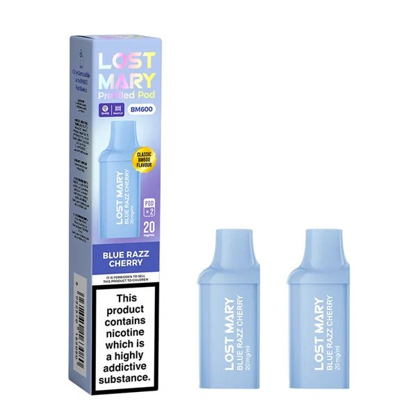 Lost Mary BM600 Prefilled Pods blue razz cherry pods with packaging on a white background - uk vape sales