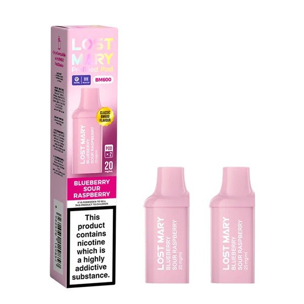 Lost Mary BM600 Prefilled Pods blueberry sour raspberry pods with packaging on a white background - uk vape sales