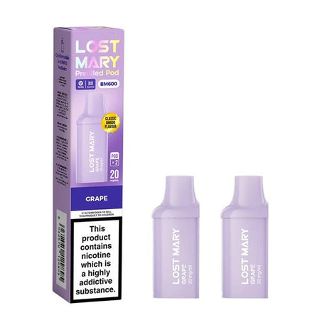 Lost Mary BM600 Prefilled Pods grape pods with packaging on a white background - uk vape sales