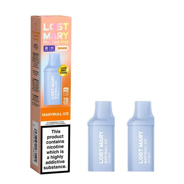 Lost Mary BM600 Prefilled Pods Marybull Ice pods with packaging on a white background - uk vape sales