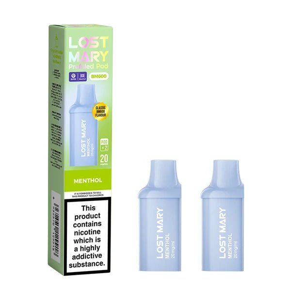 Lost Mary BM600 Prefilled Pods menthol pods with packaging on a white background - uk vape sales