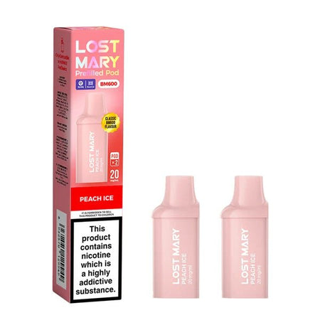 Lost Mary BM600 Prefilled Pods peach ice pods with packaging on a white background - uk vape sales