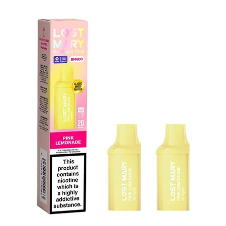 Lost Mary BM600 Prefilled Pods pink lemonade pods with packaging on a white background - uk vape sales