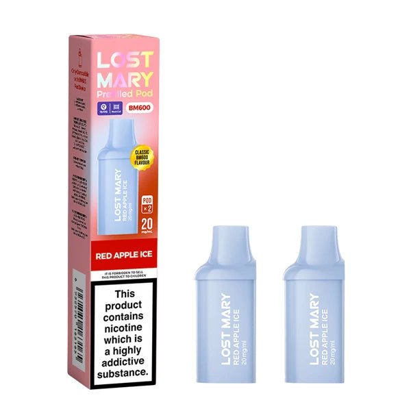 Lost Mary BM600 Prefilled Pods red apple ice pods with packaging on a white background - uk vape sales