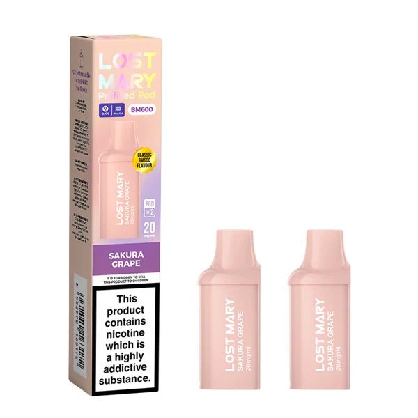 Lost Mary BM600 Prefilled Pods sakura grape pods with packaging on a white background - uk vape sales