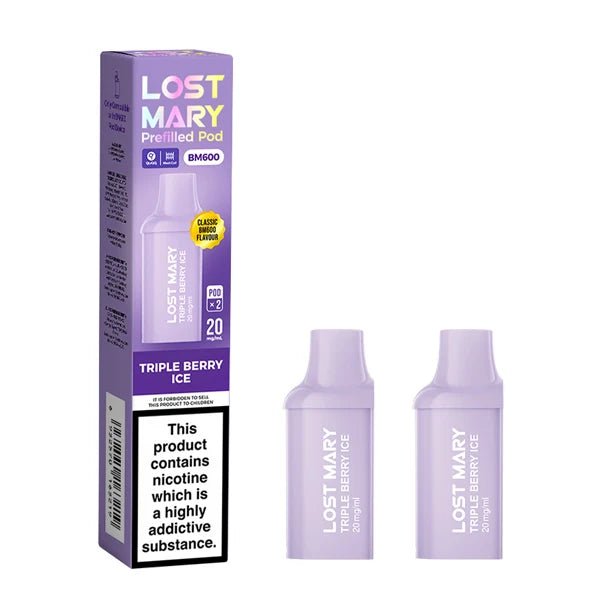 Lost Mary BM600 Prefilled Pods triple berry ice pods with packaging on a white background - uk vape sales