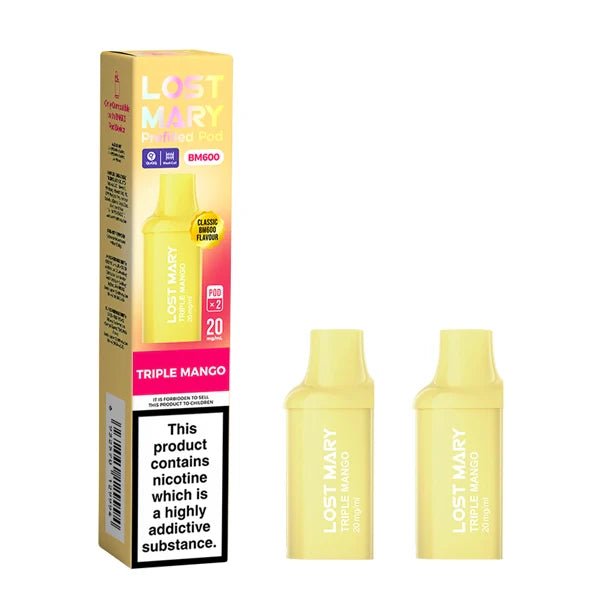 Lost Mary BM600 Prefilled Pods triple mango pods with packaging on a white background - uk vape sales