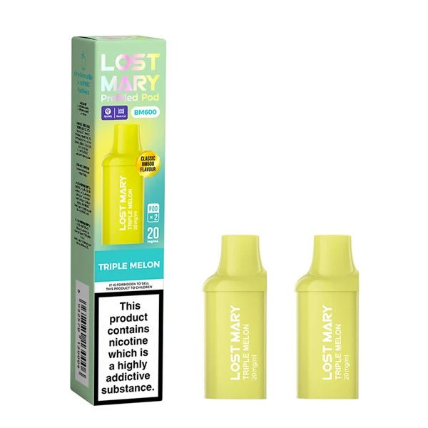 Lost Mary BM600 Prefilled Pods triple melon pods with packaging on a white background - uk vape sales