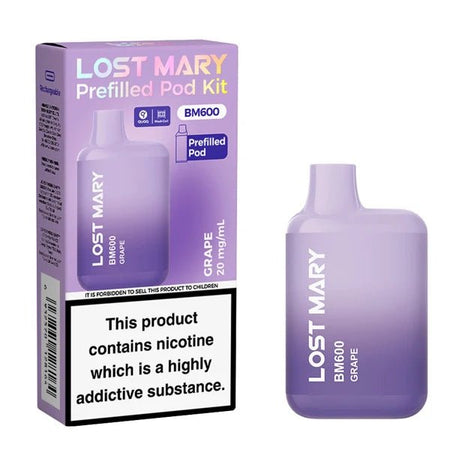 Lost Mary BM600 vape kit grape device and packaging on a white background - uk vape sales
