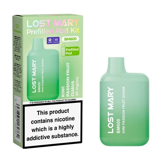 Lost Mary BM600 vape kit kiwi passion fruit guava device and packaging on a white background - uk vape sales