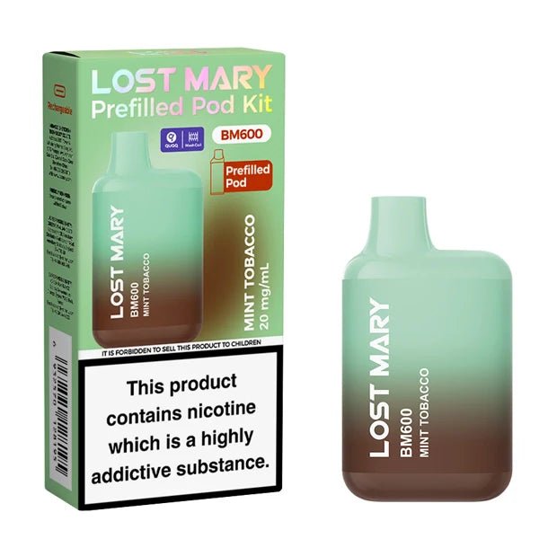 Lost Mary BM600 vape kit mint tobacco device and packaging on a white background - uk vape sales