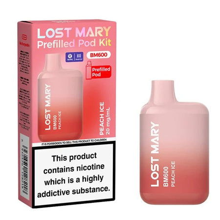 Lost Mary BM600 vape kit peach ice device and packaging on a white background - uk vape sales