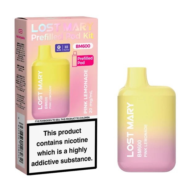 Lost Mary BM600 vape kit pink lemonade device and packaging on a white background - uk vape sales