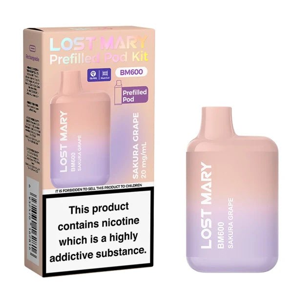 Lost Mary BM600 vape kit sakura grape device and packaging on a white background - uk vape sales