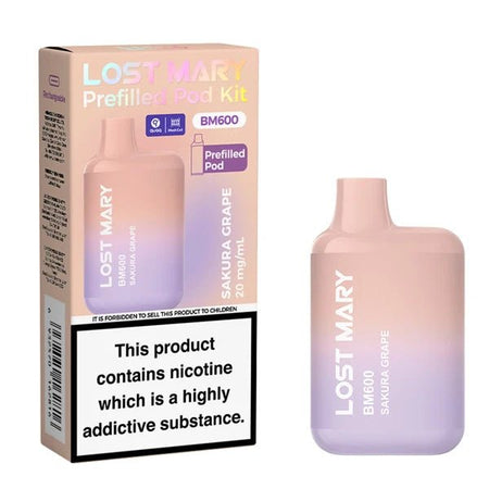 Lost Mary BM600 vape kit sakura grape device and packaging on a white background - uk vape sales