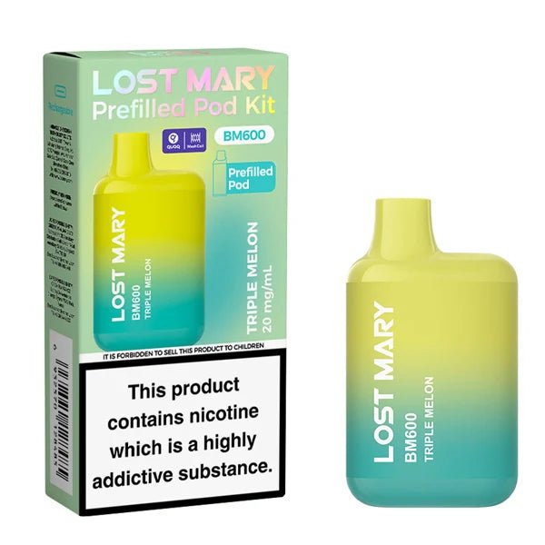 Lost Mary BM600 vape kit triple melon device and packaging on a white background - uk vape sales