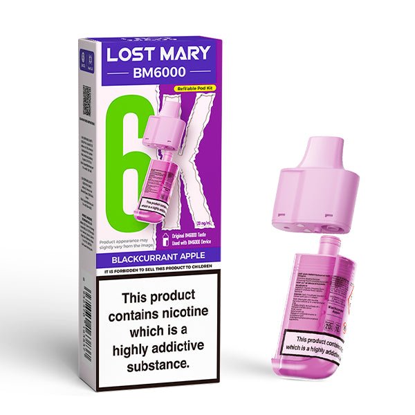 Lost Mary BM6000 Refill Pods blackcurrant apple with packaging on a white background - uk vape sales