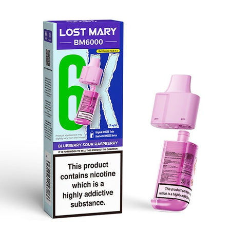 Lost Mary BM6000 Refill Pods blueberry sour raspberry with packaging on a white background - uk vape sales