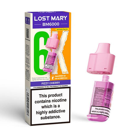 Lost Mary BM6000 Refill Pods fizzy cherry with packaging on a white background - uk vape sales