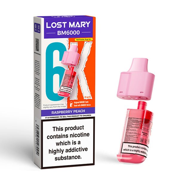Lost Mary BM6000 Refill Pods raspberry peach with packaging on a white background - uk vape sales