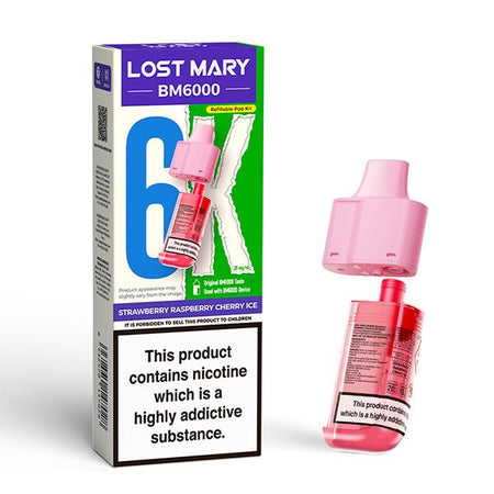 Lost Mary BM6000 Refill Pods strawberry raspberry cherry ice with packaging on a white background - uk vape sales