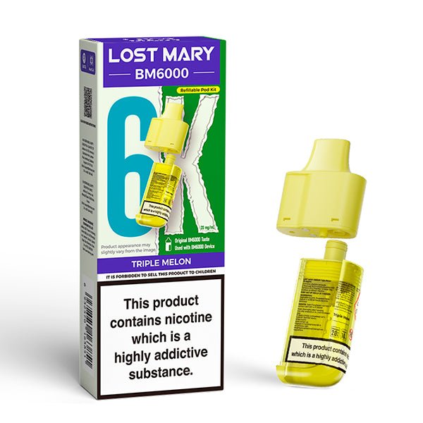 Lost Mary BM6000 Refill Pods triple melon with packaging on a white background - uk vape sales