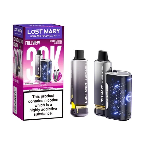 Lost Mary Nera 30K vape kit berry edition device and packaging on a white background - uk vape sales