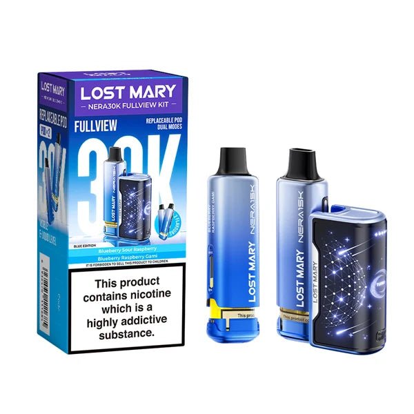 Lost Mary Nera 30K vape kit blue edition device and packaging on a white background - uk vape sales