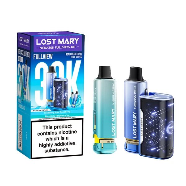 Lost Mary Nera 30K vape kit blueberry edition device and packaging on a white background - uk vape sales