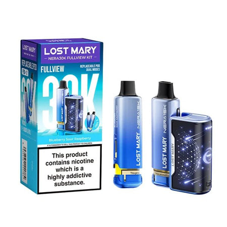 Lost Mary Nera 30K vape kit blueberry sour raspberry device and packaging on a white background - uk vape sales