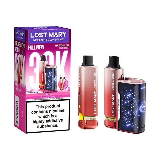 Lost Mary Nera 30K vape kit cherry edition device and packaging on a white background - uk vape sales