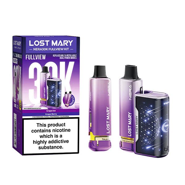Lost Mary Nera 30K vape kit grape edition device and packaging on a white background - uk vape sales