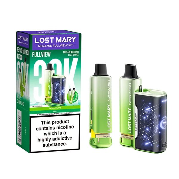 Lost Mary Nera 30K vape kit green edition device and packaging on a white background - uk vape sales