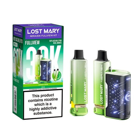 Lost Mary Nera 30K vape kit green edition device and packaging on a white background - uk vape sales