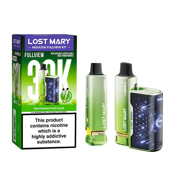 Lost Mary Nera 30K vape kit kiwi passion fruit guava device and packaging on a white background - uk vape sales