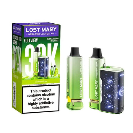 Lost Mary Nera 30K vape kit lemon lime device and packaging on a white background - uk vape sales