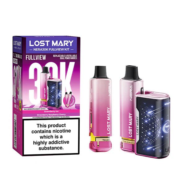 Lost Mary Nera 30K vape kit strawberry edition device and packaging on a white background - uk vape sales