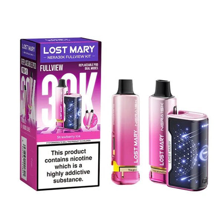 Lost Mary Nera 30K vape kit strawberry ice device and packaging on a white background - uk vape sales