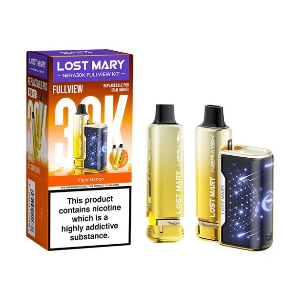 Lost Mary Nera 30K vape kit triple mango device and packaging on a white background - uk vape sales