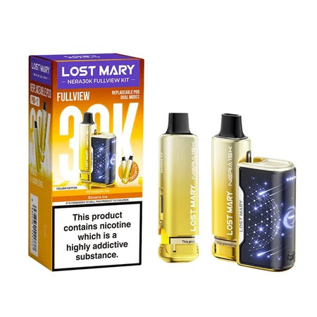 Lost Mary Nera 30K vape kit yellow edition device and packaging on a white background - uk vape sales