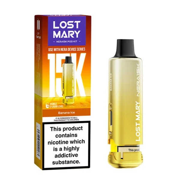 Lost Mary Nera 15K Refill Pods banana ice pod with packaging on a white background - uk vape sales